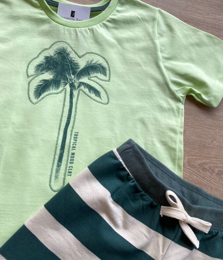 fernandaramoskids com br Conjunto Infantil Masculino Camiseta Verde e Bermuda Listrada+1