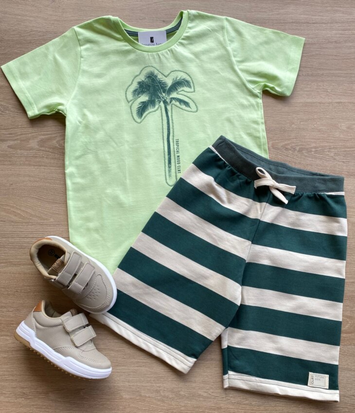 Conjunto Infantil Masculino Camiseta Verde e Bermuda Listrada Fernanda Ramos Kids