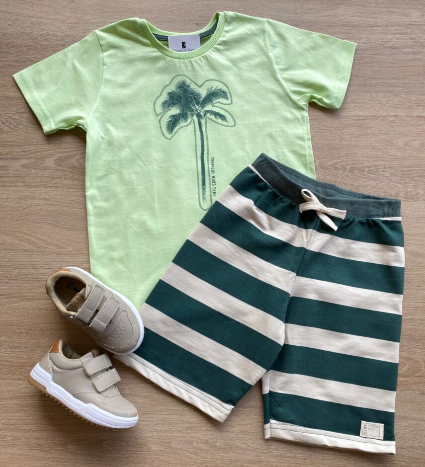 Conjunto Infantil Masculino Camiseta Verde e Bermuda Listrada Fernanda Ramos Kids