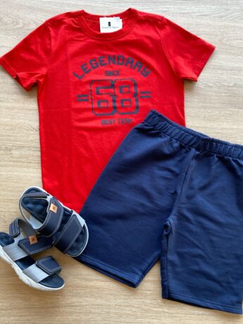 Conjunto Infantil Masculino Camiseta Vermelha e Bermuda Azul Fernanda Ramos Kids