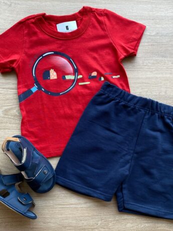 Conjunto Infantil Masculino Camiseta Vermelha e Bermuda Azul Fernanda Ramos Kids