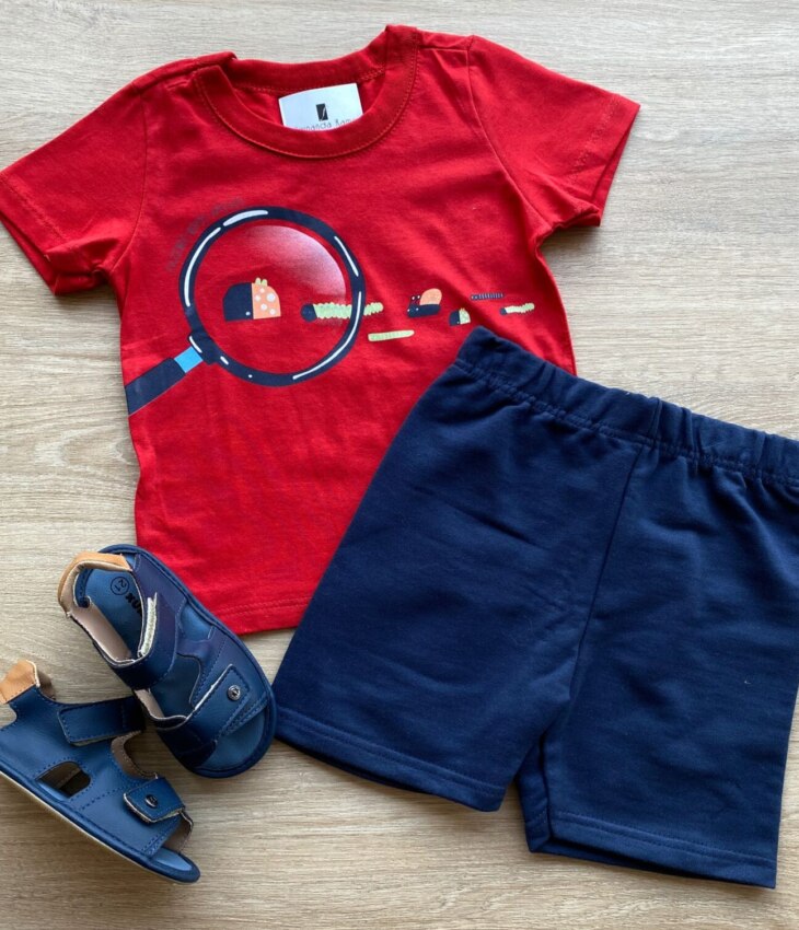 Conjunto Infantil Masculino Camiseta Vermelha e Bermuda Azul Fernanda Ramos Kids