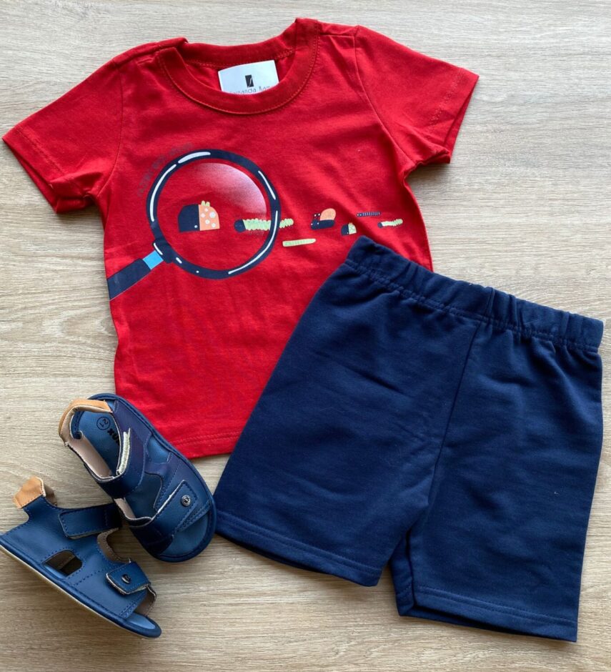 Conjunto Infantil Masculino Camiseta Vermelha e Bermuda Azul Fernanda Ramos Kids