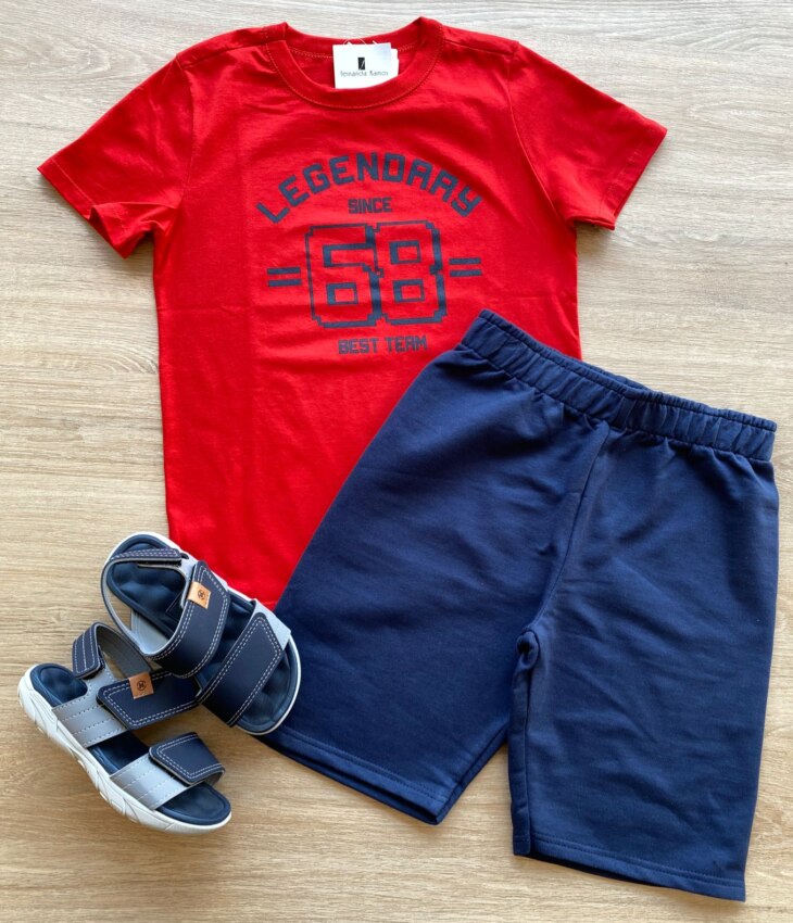 Conjunto Infantil Masculino Camiseta Vermelha e Bermuda Azul Fernanda Ramos Kids