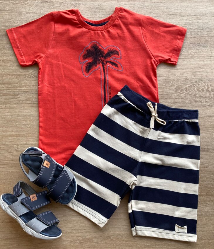 Conjunto Infantil Masculino Camiseta Vermelha e Bermuda Listrada Fernanda Ramos Kids