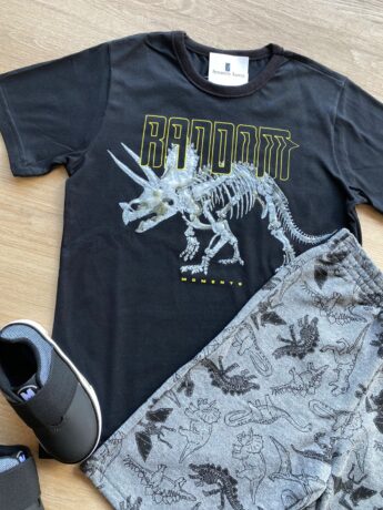 fernandaramoskids com br Conjunto Infantil Masculino Dinossauros Camiseta Preta e Bermuda Cinza 1