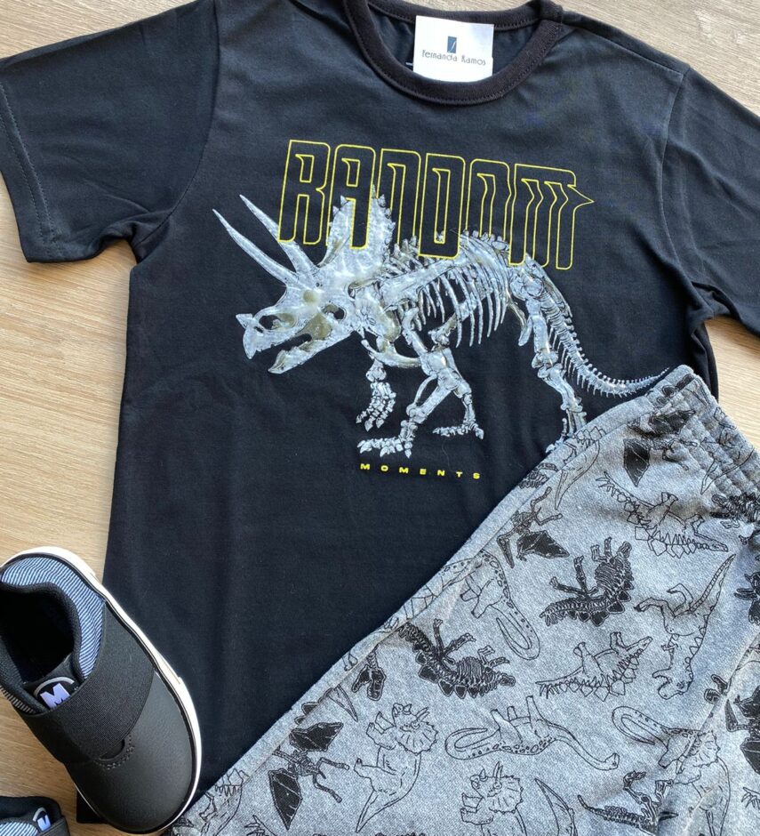 fernandaramoskids com br Conjunto Infantil Masculino Dinossauros Camiseta Preta e Bermuda Cinza 1