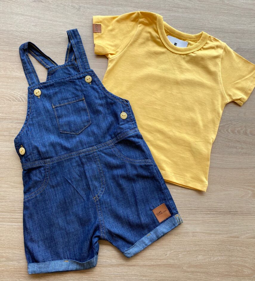 fernandaramoskids com br Conjunto Infantil Masculino Jardineira Jeans Camiseta Mostarda 1