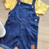fernandaramoskids com br Conjunto Infantil Masculino Jardineira Jeans Camiseta Mostarda 2