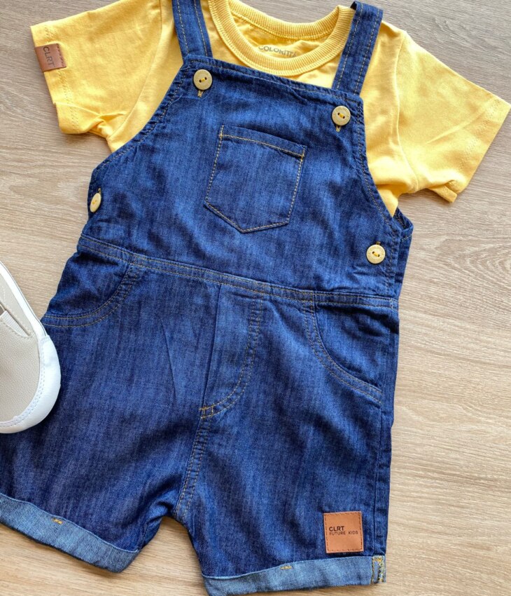 fernandaramoskids com br Conjunto Infantil Masculino Jardineira Jeans Camiseta Mostarda 2