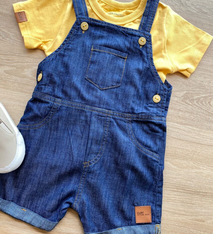 fernandaramoskids com br Conjunto Infantil Masculino Jardineira Jeans Camiseta Mostarda 2