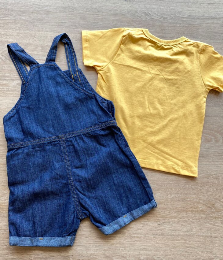 fernandaramoskids com br Conjunto Infantil Masculino Jardineira Jeans Camiseta Mostarda 3
