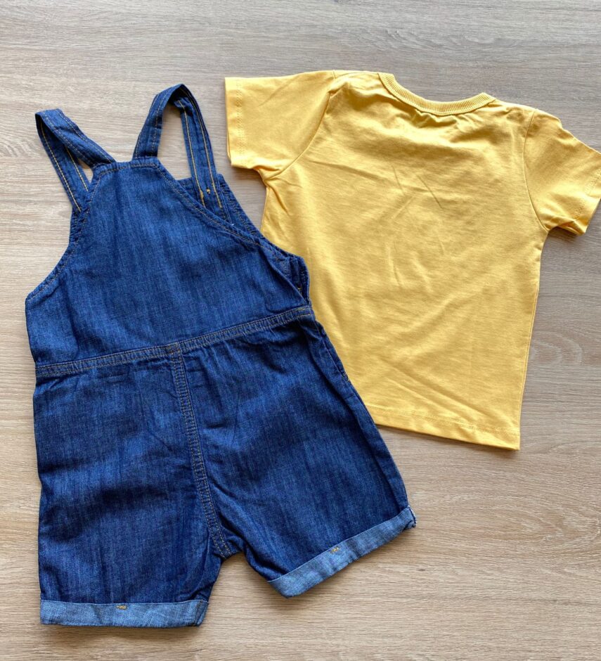 fernandaramoskids com br Conjunto Infantil Masculino Jardineira Jeans Camiseta Mostarda 3