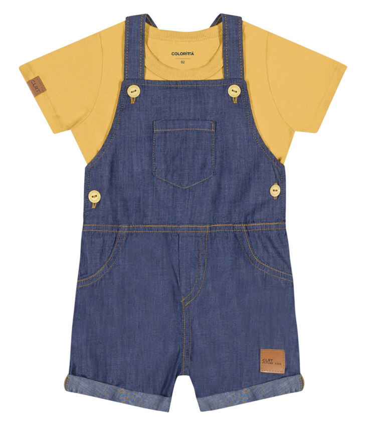Conjunto Infantil Masculino Jardineira Jeans Camiseta Mostarda Fernanda ramos kids