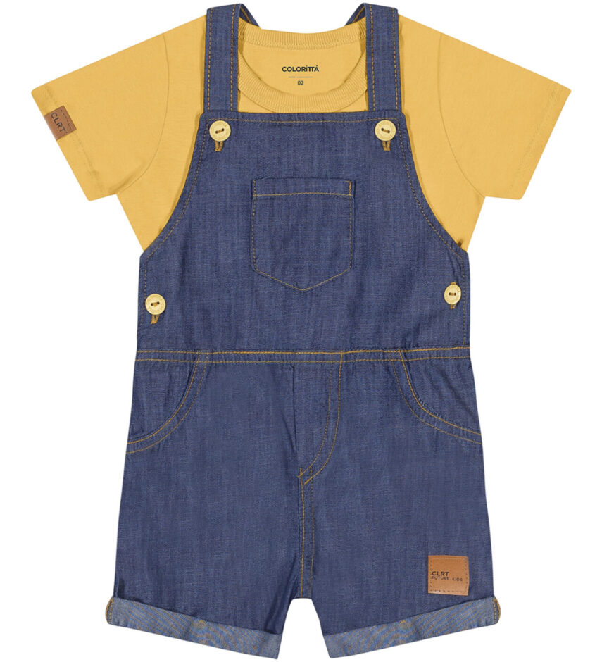 Conjunto Infantil Masculino Jardineira Jeans Camiseta Mostarda Fernanda ramos kids