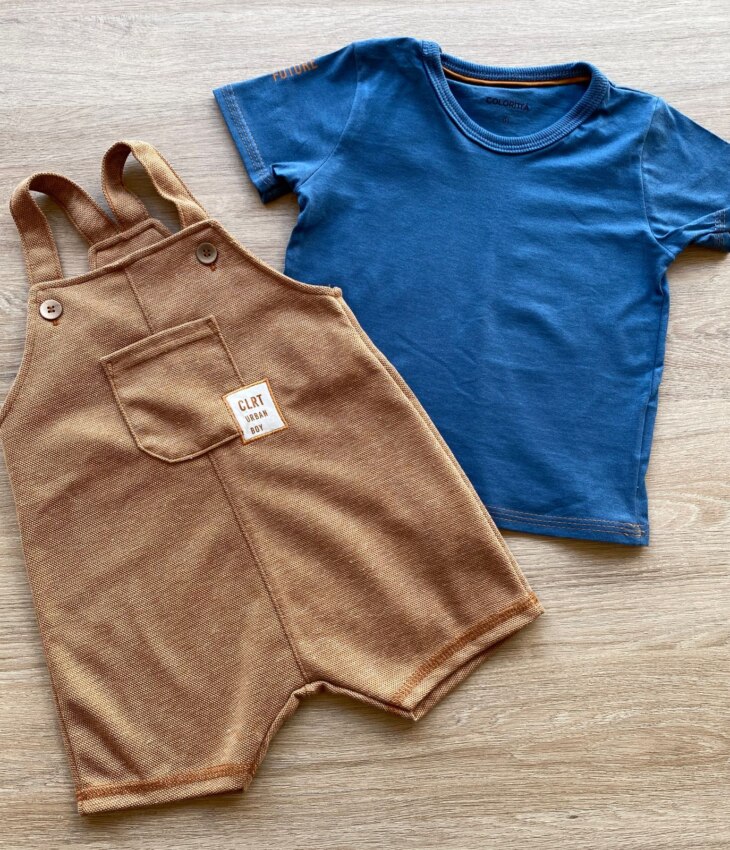 fernandaramoskids com br Conjunto Infantil Masculino Jardineira Marrom e Camiseta Azul 2
