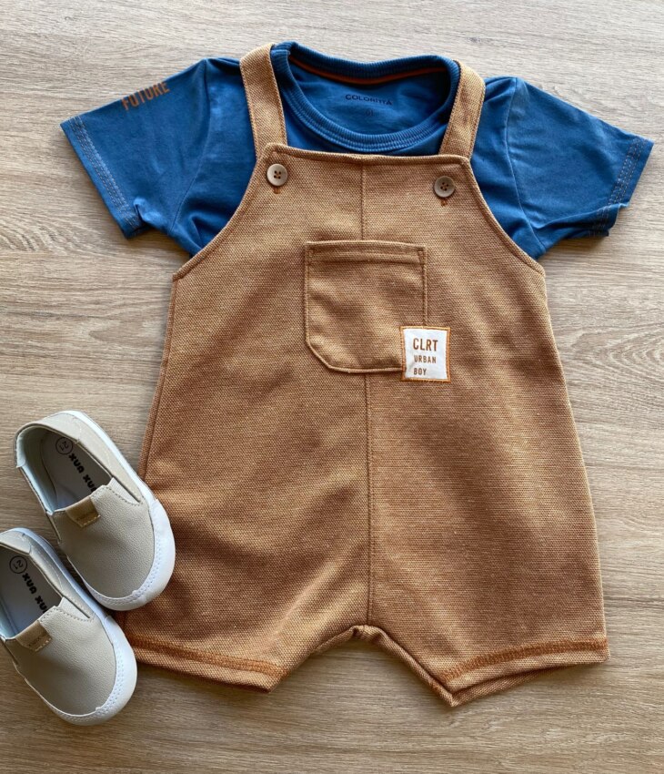 Conjunto Infantil Masculino Jardineira Marrom e Camiseta Azul Fernanda Ramos Kids