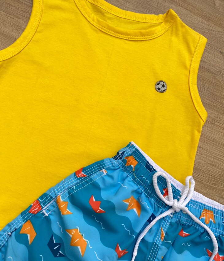 fernandaramoskids com br Conjunto Infantil Masculino Regata Amarela e Bermuda Tactel Estampada 1