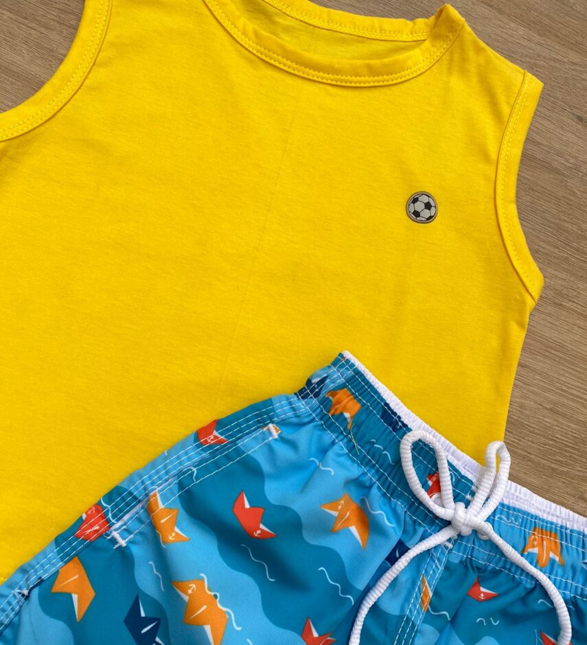 fernandaramoskids com br Conjunto Infantil Masculino Regata Amarela e Bermuda Tactel Estampada 1