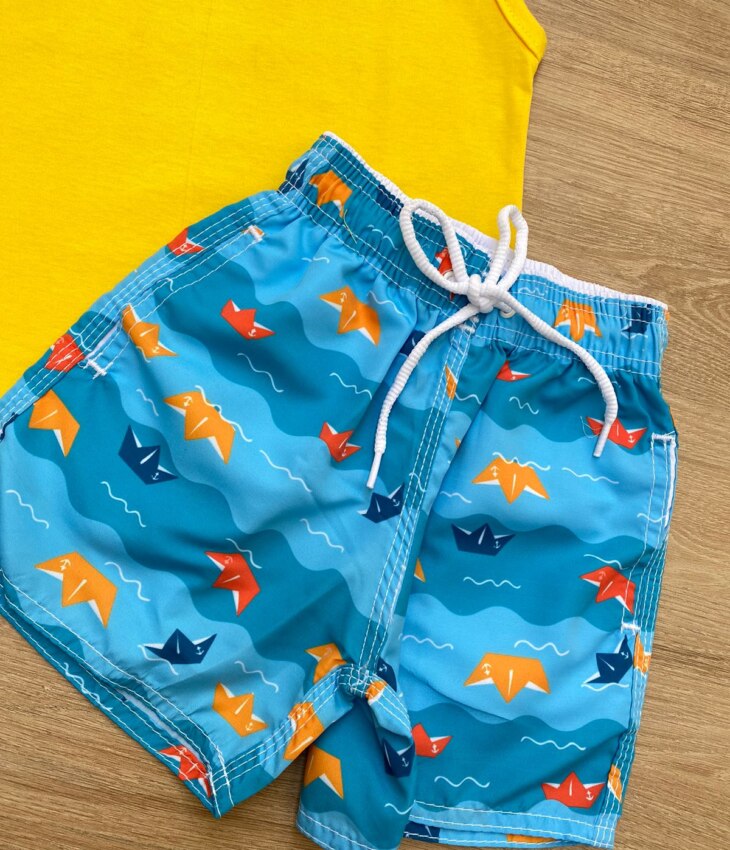 fernandaramoskids com br Conjunto Infantil Masculino Regata Amarela e Bermuda Tactel Estampada 2