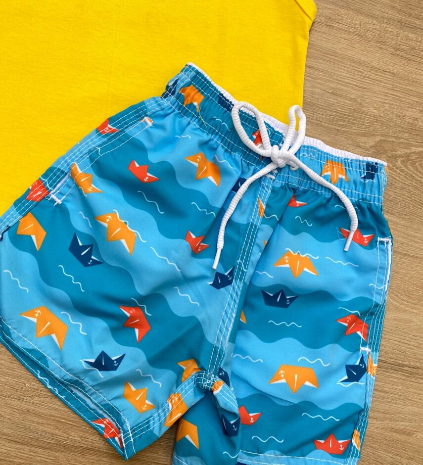 fernandaramoskids com br Conjunto Infantil Masculino Regata Amarela e Bermuda Tactel Estampada 2