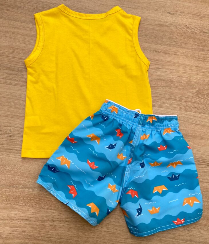 fernandaramoskids com br Conjunto Infantil Masculino Regata Amarela e Bermuda Tactel Estampada 3