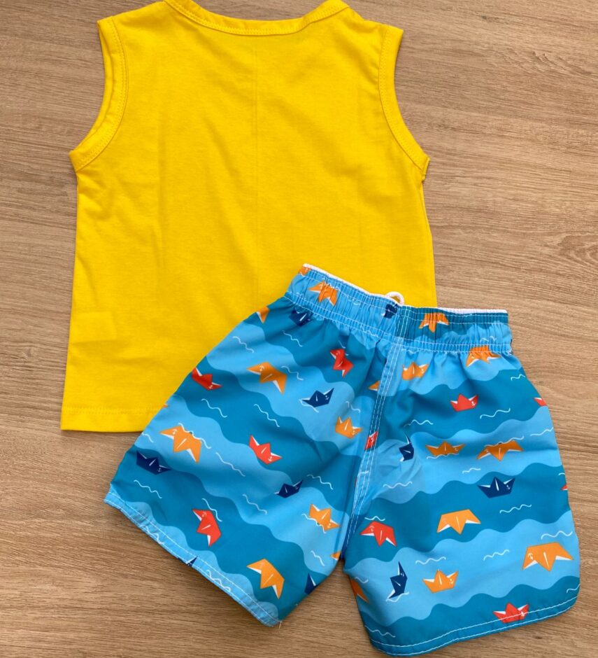 fernandaramoskids com br Conjunto Infantil Masculino Regata Amarela e Bermuda Tactel Estampada 3