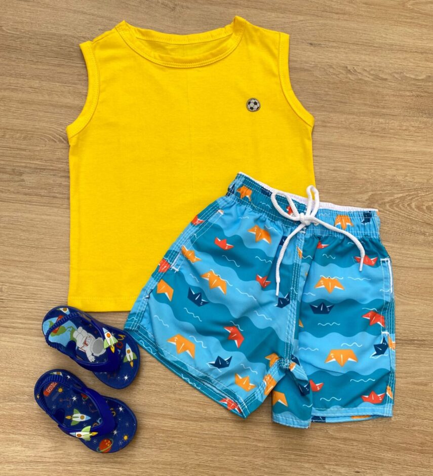 Conjunto Infantil Masculino Regata Amarela e Bermuda Tactel Estampada Fernanda Ramos Kids