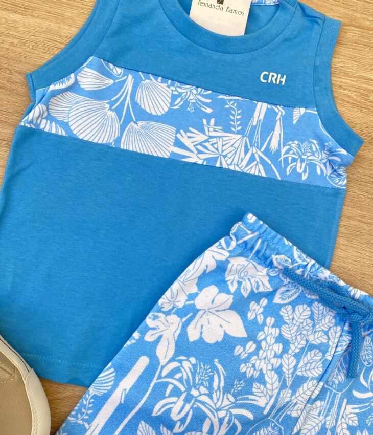 fernandaramoskids com br Conjunto Infantil Masculino Regata Azul e Bermuda Estampada Azul 1