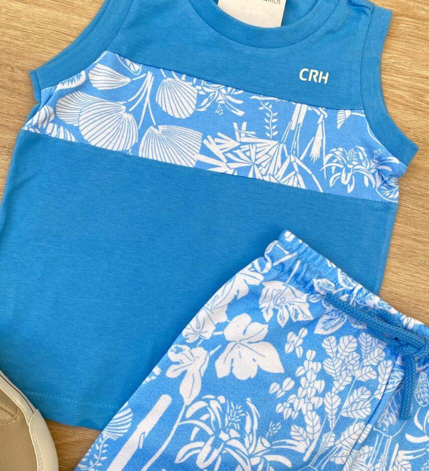 fernandaramoskids com br Conjunto Infantil Masculino Regata Azul e Bermuda Estampada Azul 1