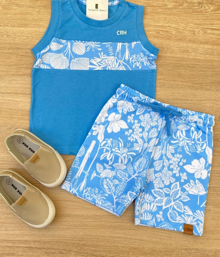 Conjunto Infantil Masculino Regata Azul e Bermuda Estampada Azul Fernanda Ramos Kids