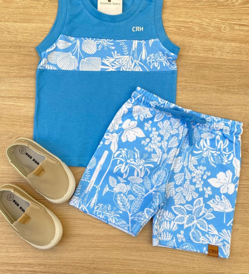 Conjunto Infantil Masculino Regata Azul e Bermuda Estampada Azul Fernanda Ramos Kids