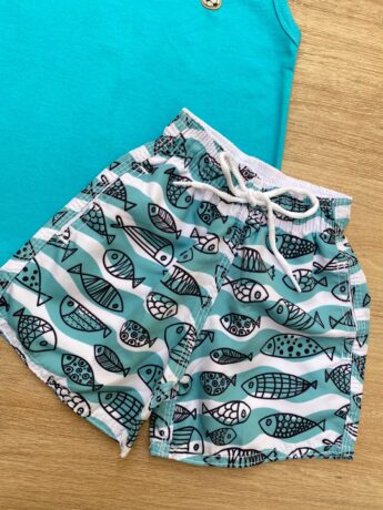fernandaramoskids com br Conjunto Infantil Masculino Regata Azul e Bermuda Tactel Estampada 1