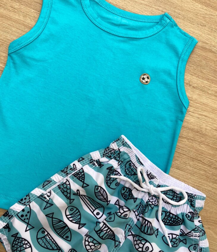 fernandaramoskids com br Conjunto Infantil Masculino Regata Azul e Bermuda Tactel Estampada 2