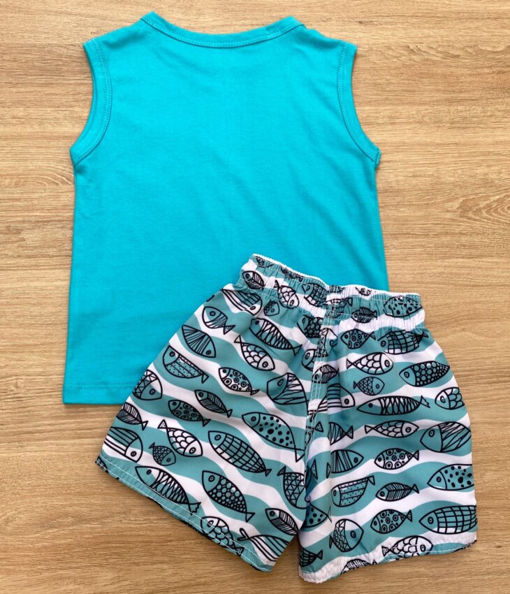 fernandaramoskids com br Conjunto Infantil Masculino Regata Azul e Bermuda Tactel Estampada 3