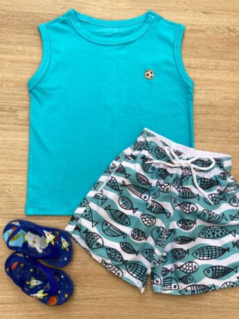 Conjunto Infantil Masculino Regata Azul e Bermuda Tactel Estampada Fernanda Ramos Kids