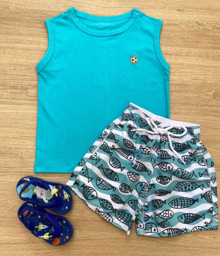 Conjunto Infantil Masculino Regata Azul e Bermuda Tactel Estampada Fernanda Ramos Kids