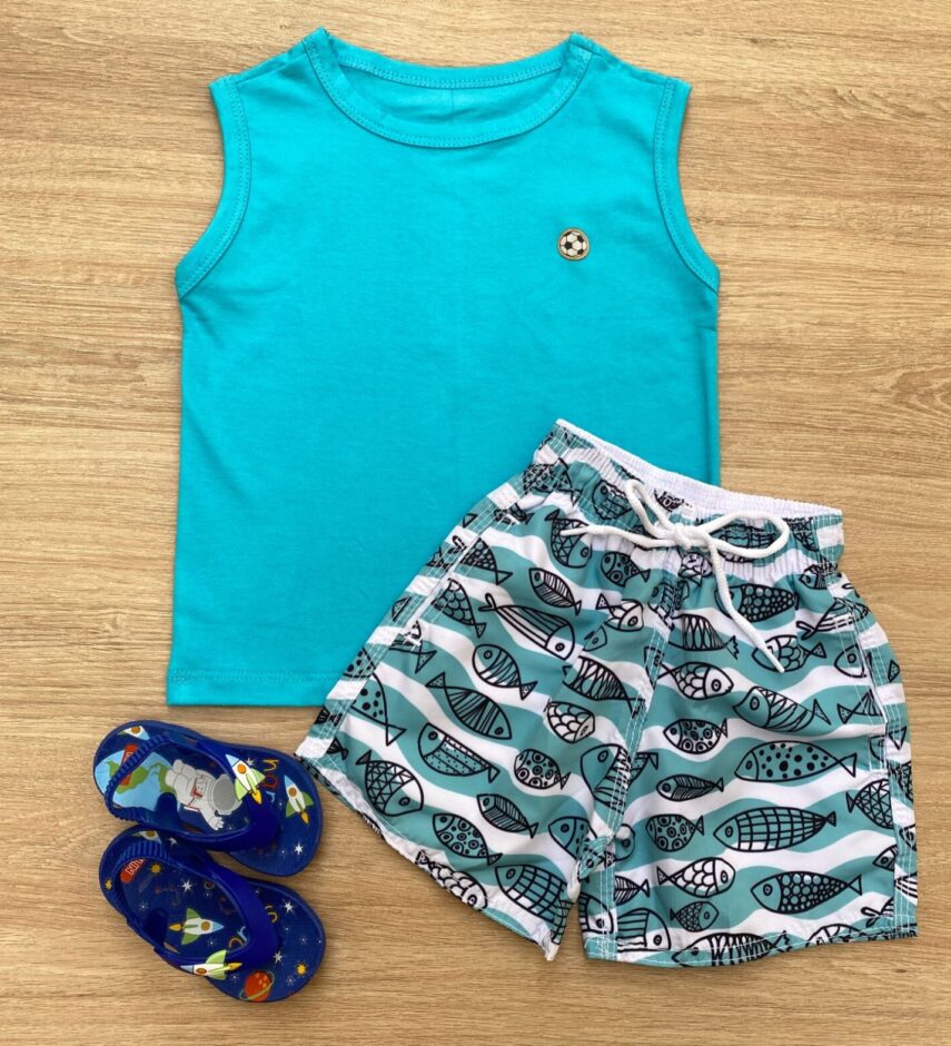 Conjunto Infantil Masculino Regata Azul e Bermuda Tactel Estampada Fernanda Ramos Kids