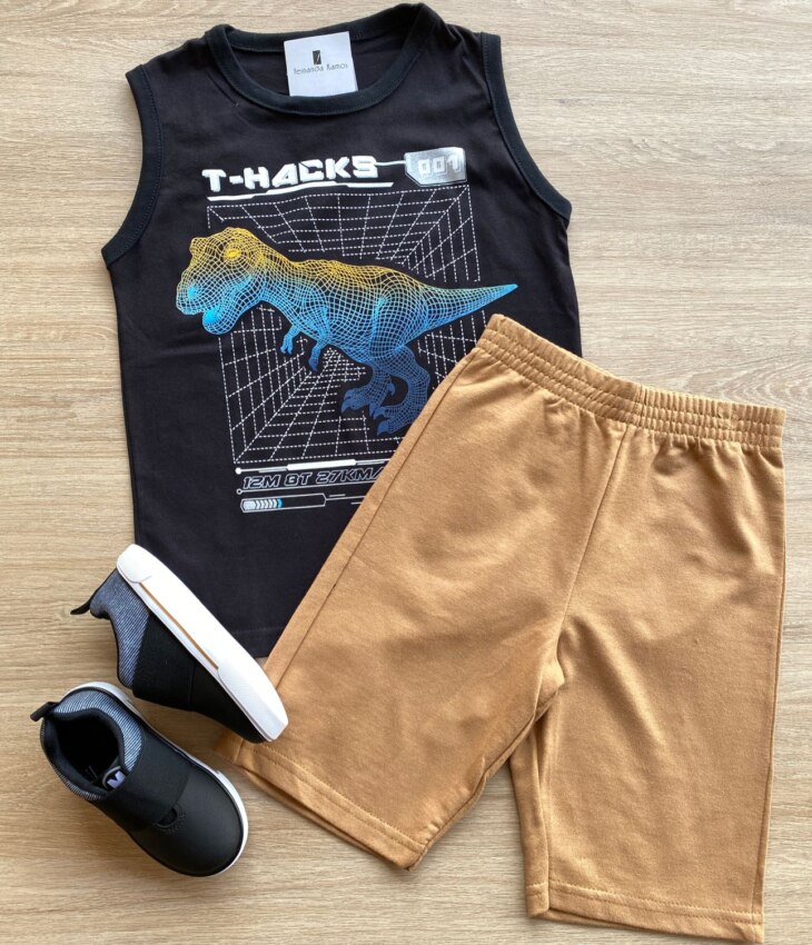 Conjunto Infantil Masculino Regata Preta e Bermuda Bege Fernanda Ramos Kids