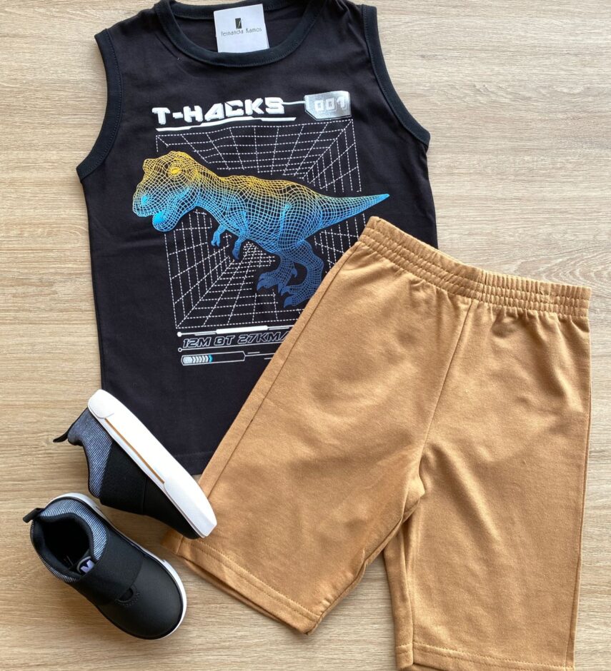 Conjunto Infantil Masculino Regata Preta e Bermuda Bege Fernanda Ramos Kids