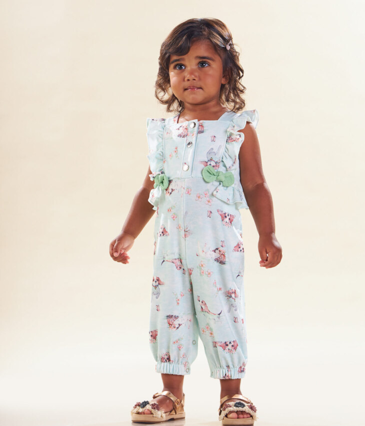 Macacão Infantil Feminino Estampado com Detalhe em Babado Fernanda ramos kids
