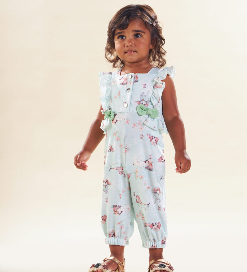 Macacão Infantil Feminino Estampado com Detalhe em Babado Fernanda ramos kids