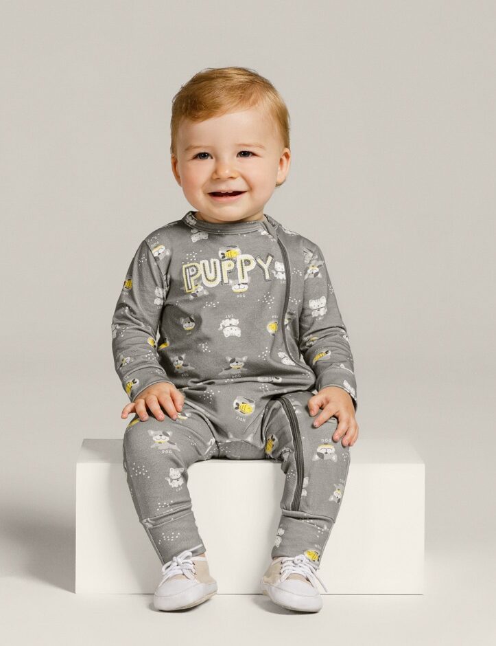 Macacão Infantil Feminino Estampado com Zíper Cinza Fernanda Ramos Kids
