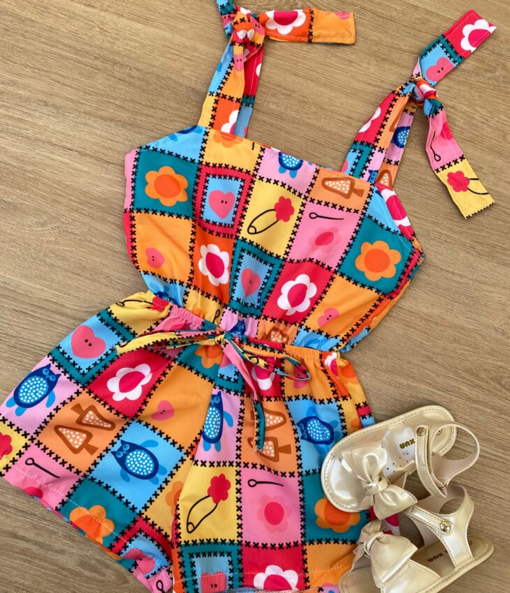 fernandaramoskids com br Macaquinho Infantil Feminino Amarração nas Alças Estampado 1