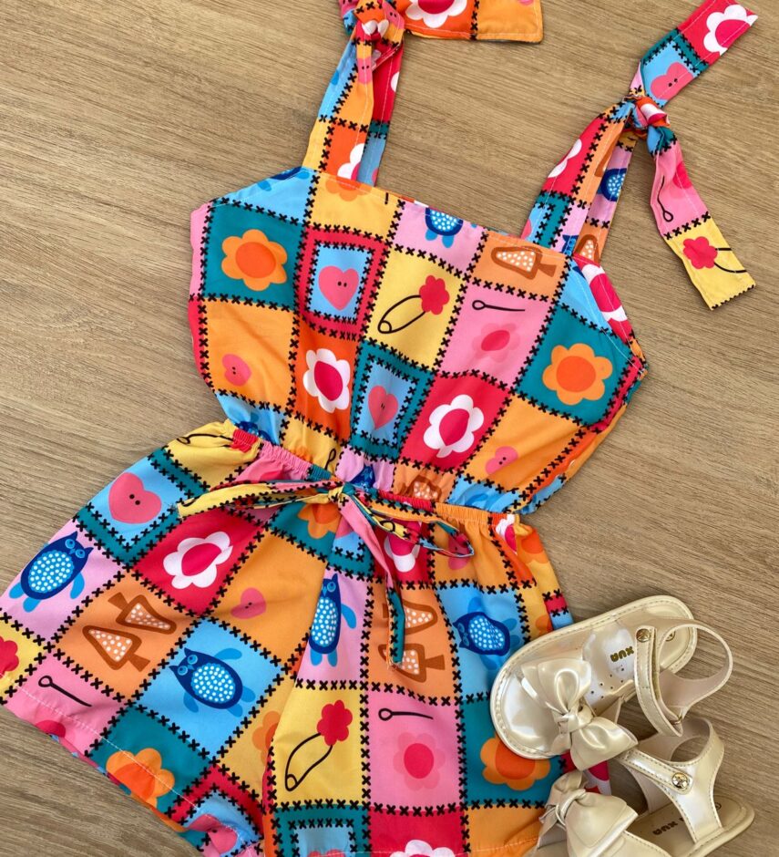 fernandaramoskids com br Macaquinho Infantil Feminino Amarração nas Alças Estampado 1