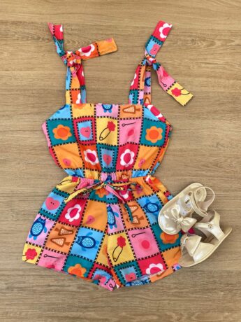 Macaquinho Infantil Feminino Amarração nas Alças Estampado Fernanda Ramos Kids