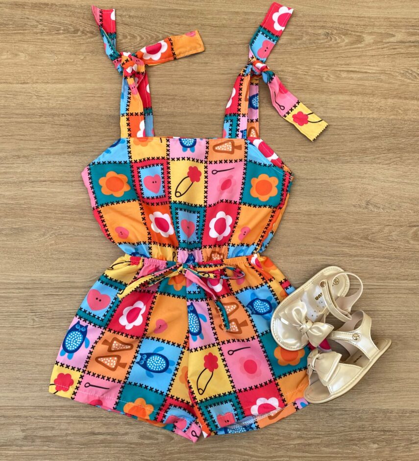 Macaquinho Infantil Feminino Amarração nas Alças Estampado Fernanda Ramos Kids