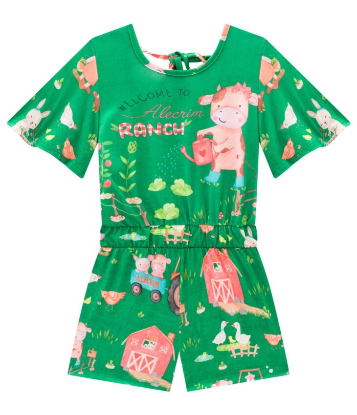 fernandaramoskids com br Macaquinho Infantil Feminino Estampa de Bichinhos Verde 1