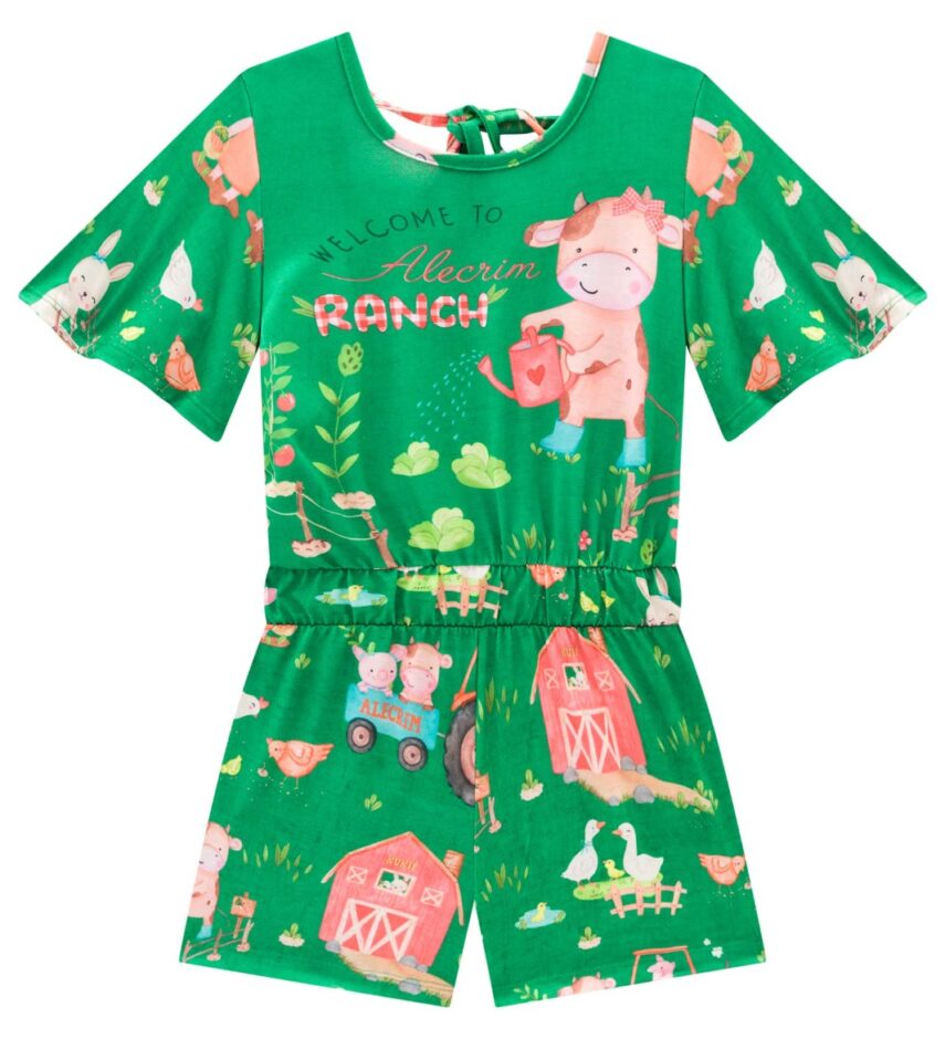 fernandaramoskids com br Macaquinho Infantil Feminino Estampa de Bichinhos Verde 1