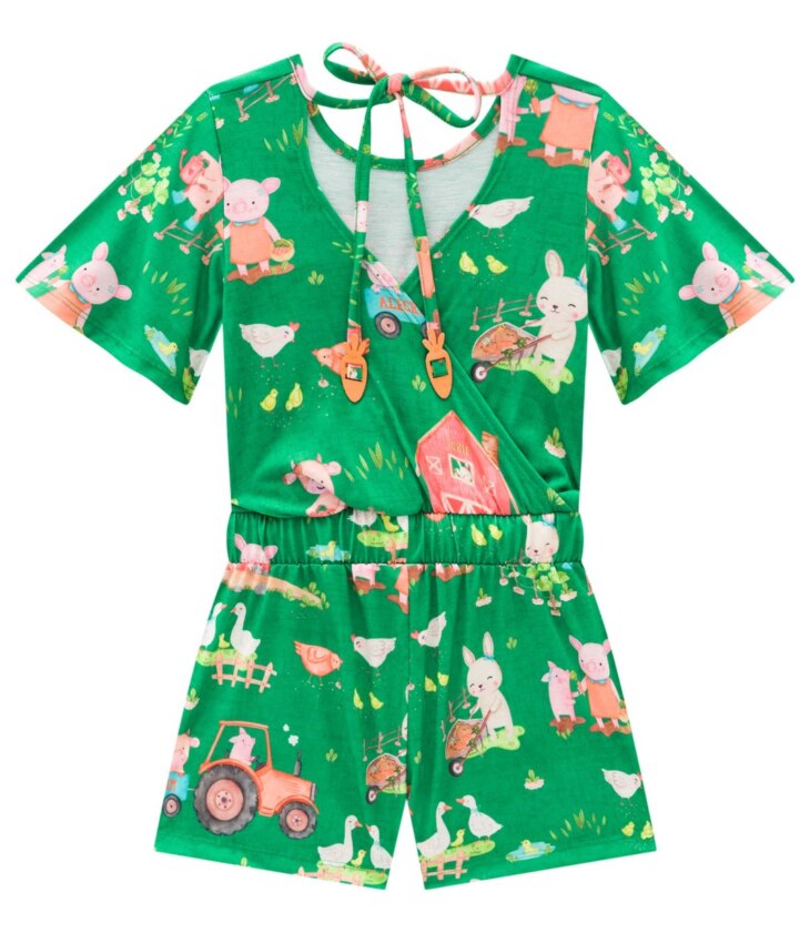 fernandaramoskids com br Macaquinho Infantil Feminino Estampa de Bichinhos Verde 3